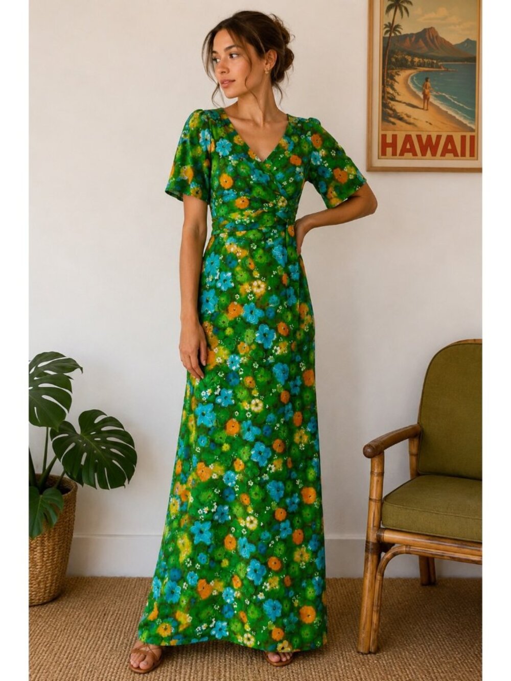 Vintage 60s Hawaiian Floral Hostess Dress Green Blue Orange Island Casuals Waiki